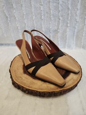 Donald J. Pliner Tan and Brown Pointed Slingback Pumps with Crisscross Straps